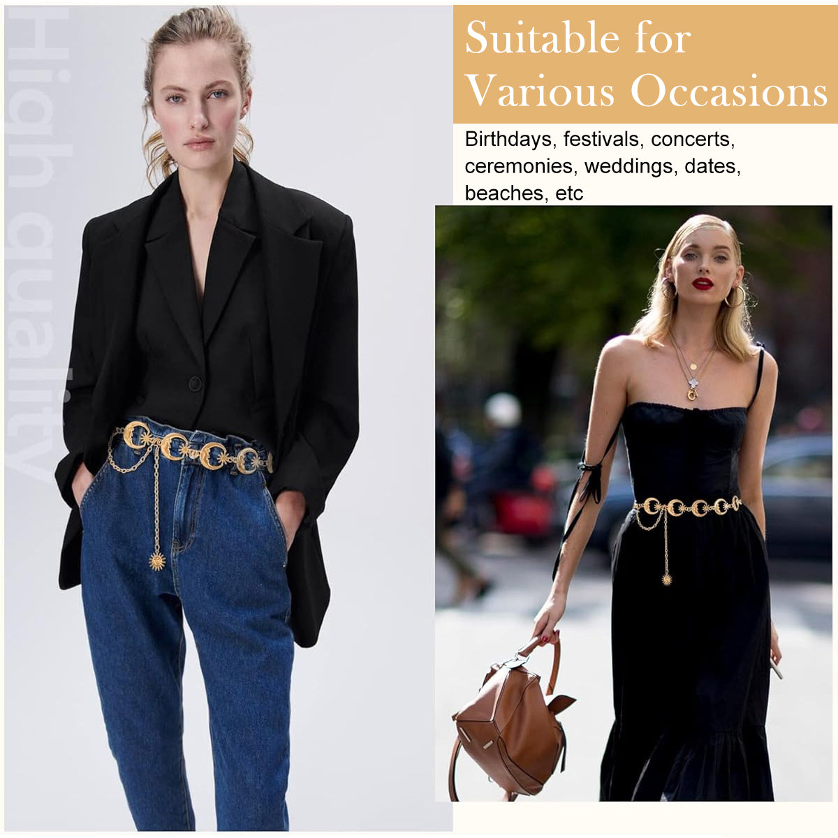 PALAY® Waist Chain Belt Moon Star Metal Waist Chain Belt Stylish Clothes Accessories for Blazer, Suit, Dress, Gown, Wedding Dress (Gold)