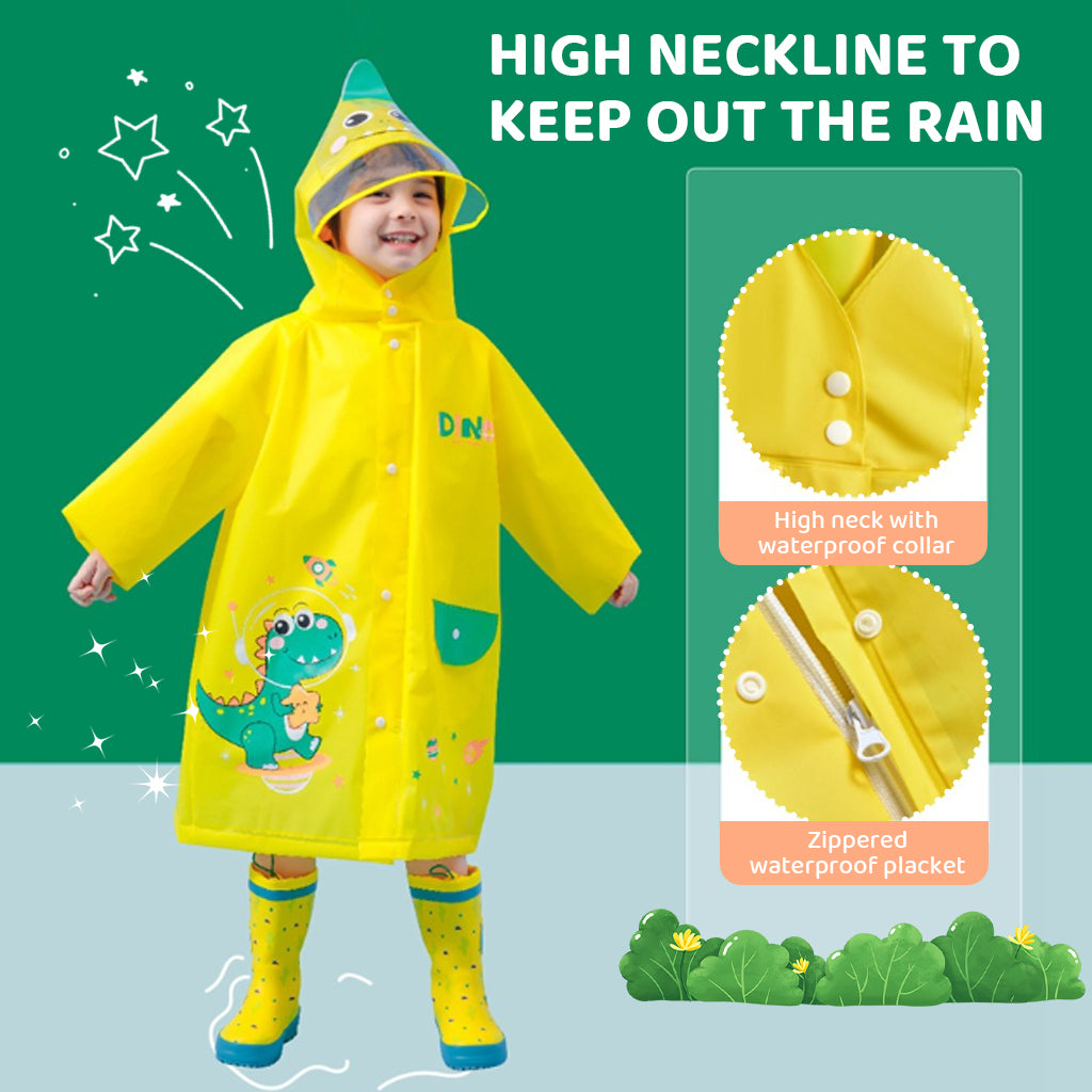 PATPAT Dinosaur Kids Rain Coat EVA Hooded Rain Jacket with Transparent Wide Hood Brim Cartoon Rain Coat for Kids with Storage Pouch, Knee-length Kids Rain Coat for Boys Girls 4-5 Years Old, M
