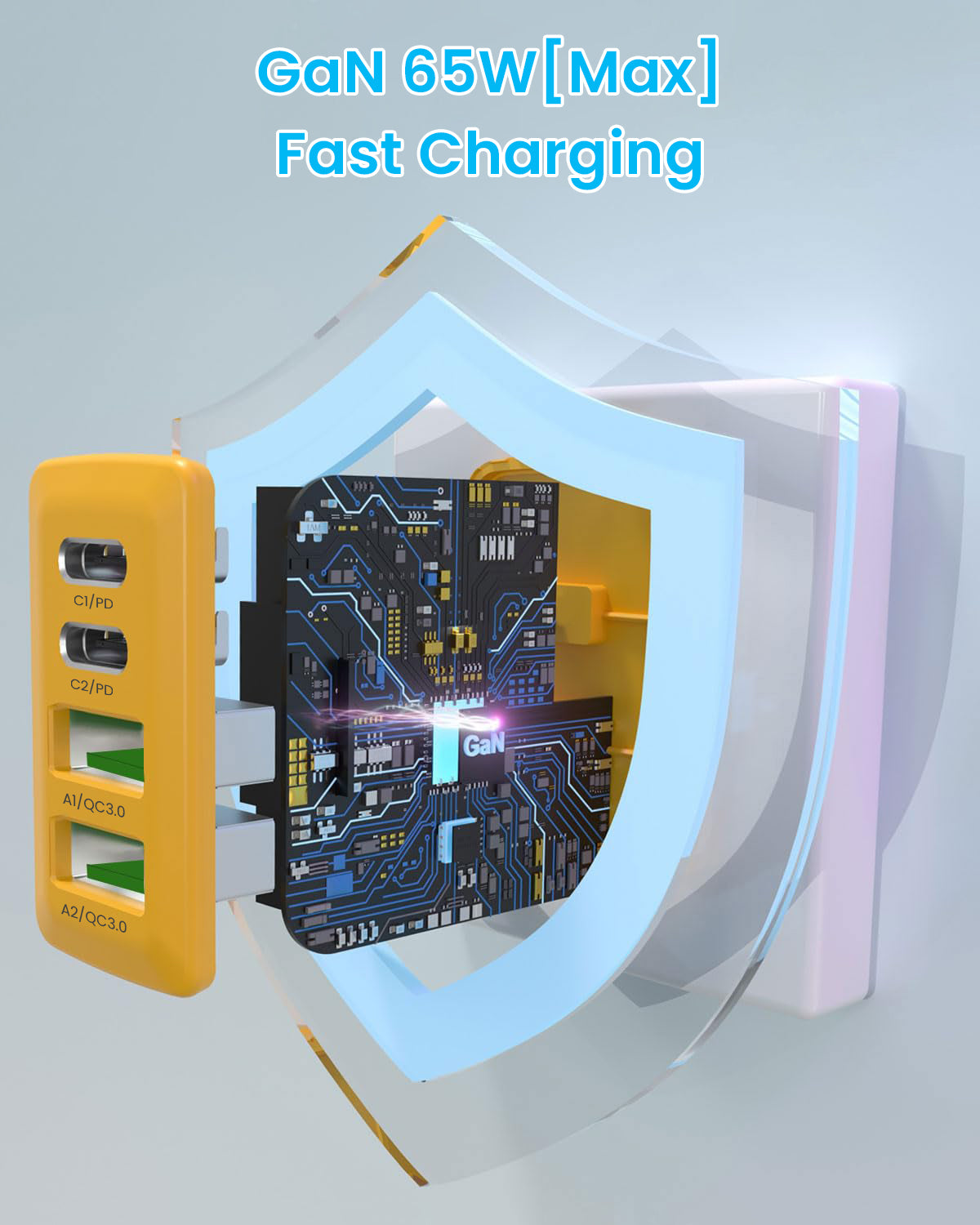 zitronix 65W GAN Charger 4 in 1 Type C & USB A Fast Charger Smart QC 3.0 Type C Charger USB A Charger Twin Type C & Twin USB A Interfaces Design Universal Fast Charger for Phone, Tablet, Laptop