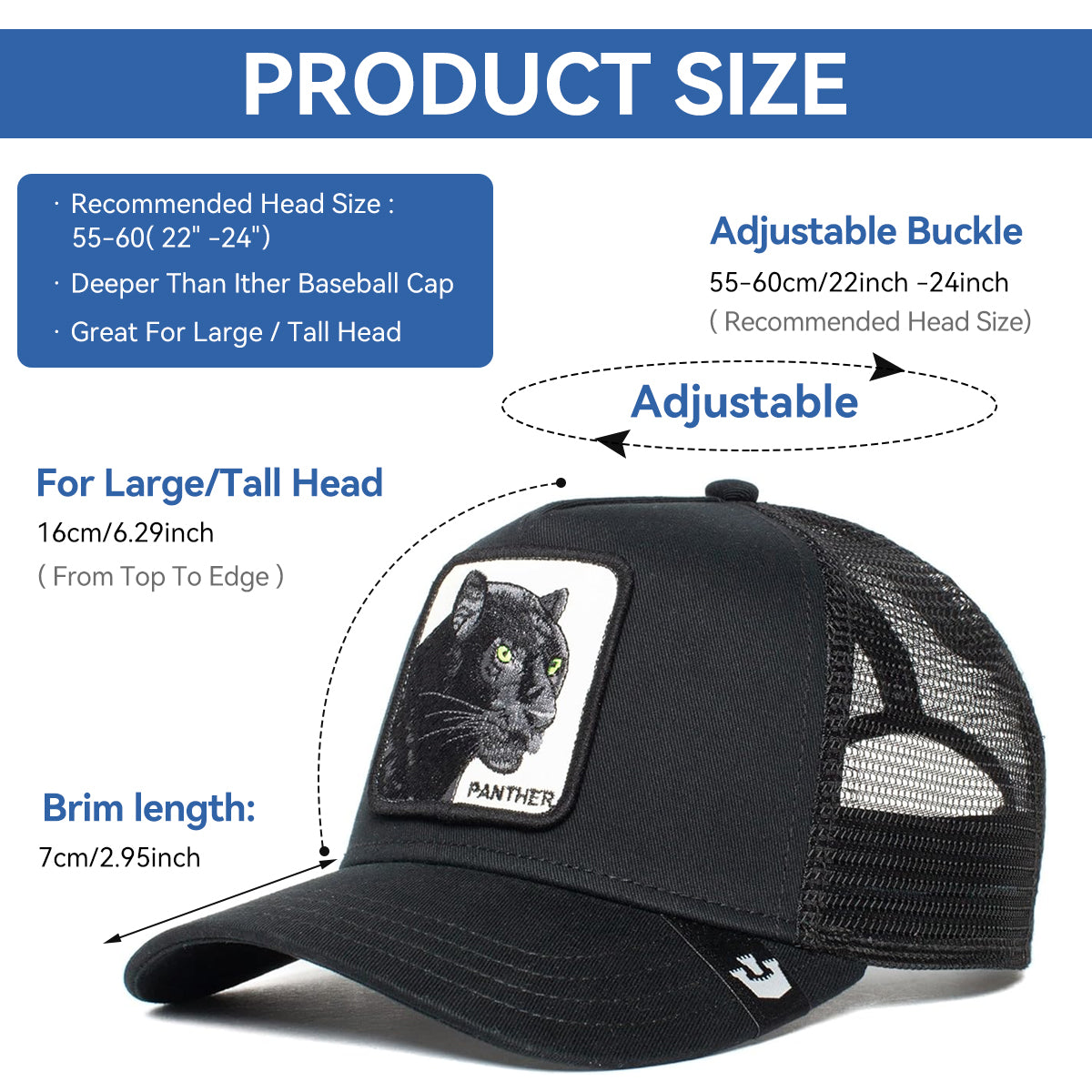 ZIBUYU Men's Cap Baseball Cap Fashion Panther Embroidery Sun Cap Summer Cap Breathable Mesh Casual Hat Adjustable Closure Wide Brim Snapback Hat, Black