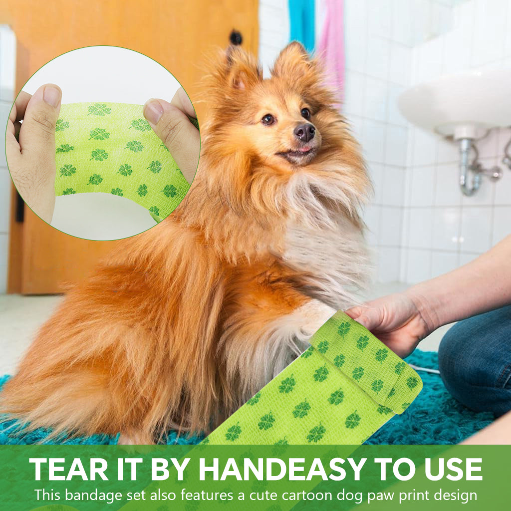 Qpets 6 Rolls Pet Crepe Bandage Bitter Flavored Anti-lick Bandages Non-woven Stretchy Injury Recovery Bandage Cartoon Print Self Adhesive Bandage Wrap, 2.95 inches Wide x 14.76 ft Long