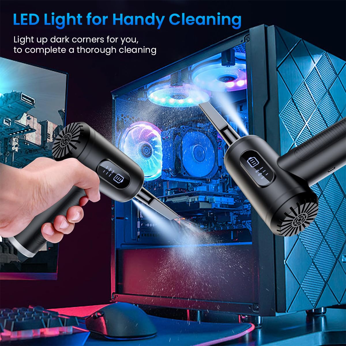Verilux Electric Compressed Air Duster, 6000PA Handheld Cordless Air Duster, 3 Gear Adjustable 100000RPM Car Vacuum Cleaner & Multi Nozzle & LED Light, 110W 6000mAh Cordless Air Blower for Computer Keyboard
