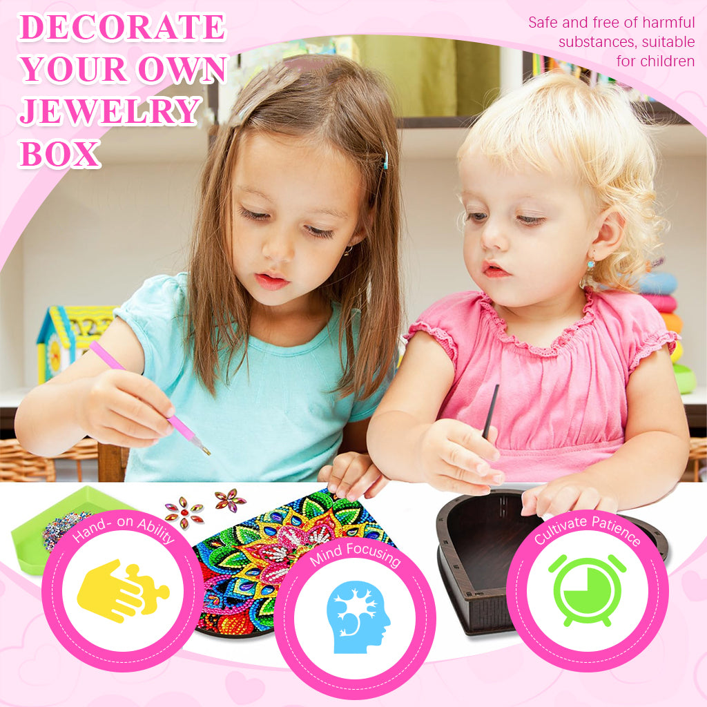 HASTHIP DIY Diamond Paint Art Kit Colorful Mandala Flower Wooden Jewelry Box Assembly Empty Heart-shaped Wooden Storage Organizer DIY Diamond Paint Gift Box Christmas Gift Birthday Gift, 22x20x4cm