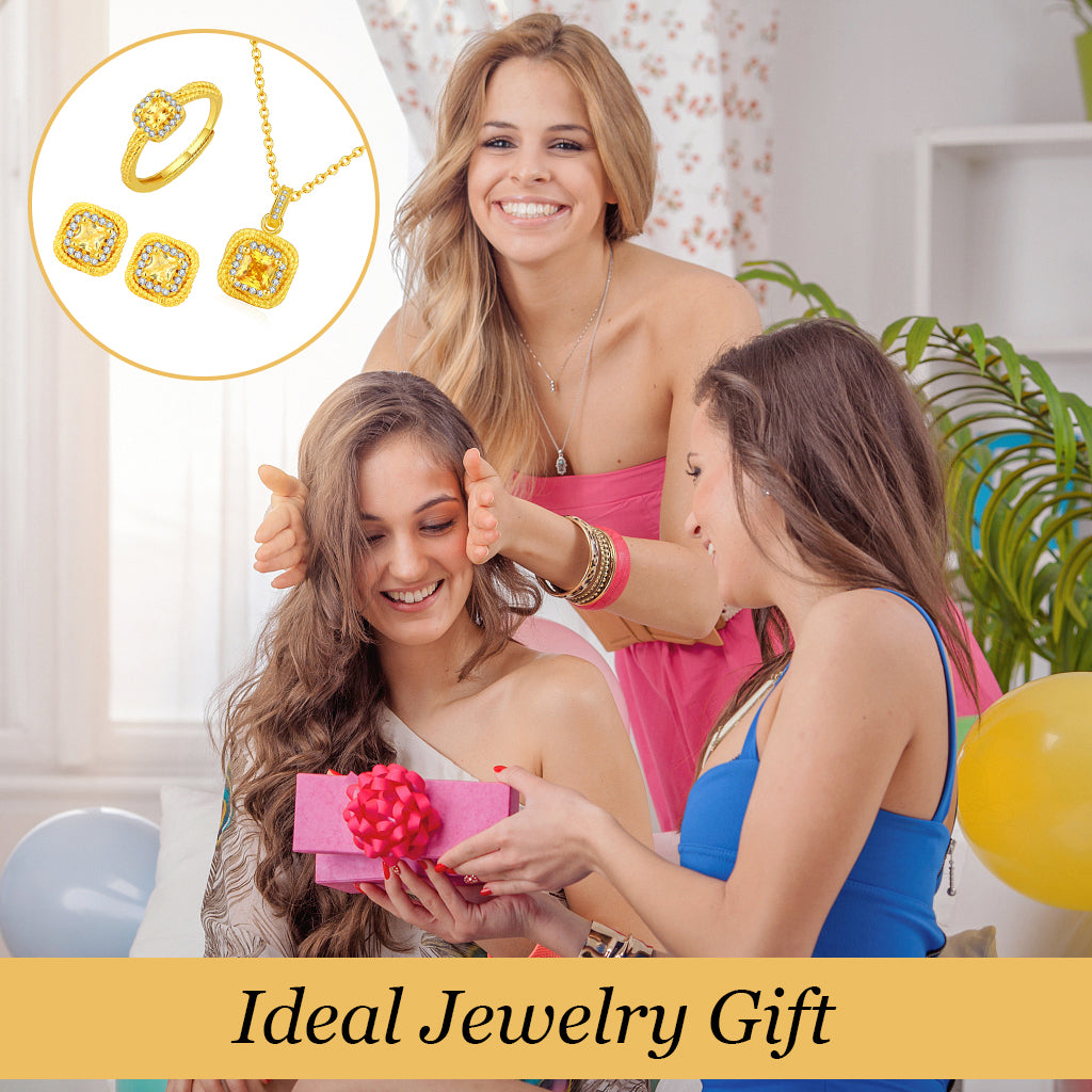 SANNIDHI Women Jewelry Gift Set Bride Necklace Ring Set Luxury Zirconia Rhinestone Embellished Necklace Ring Ear Studs Gift Set Golden Wedding Jewelry Gift Box Set