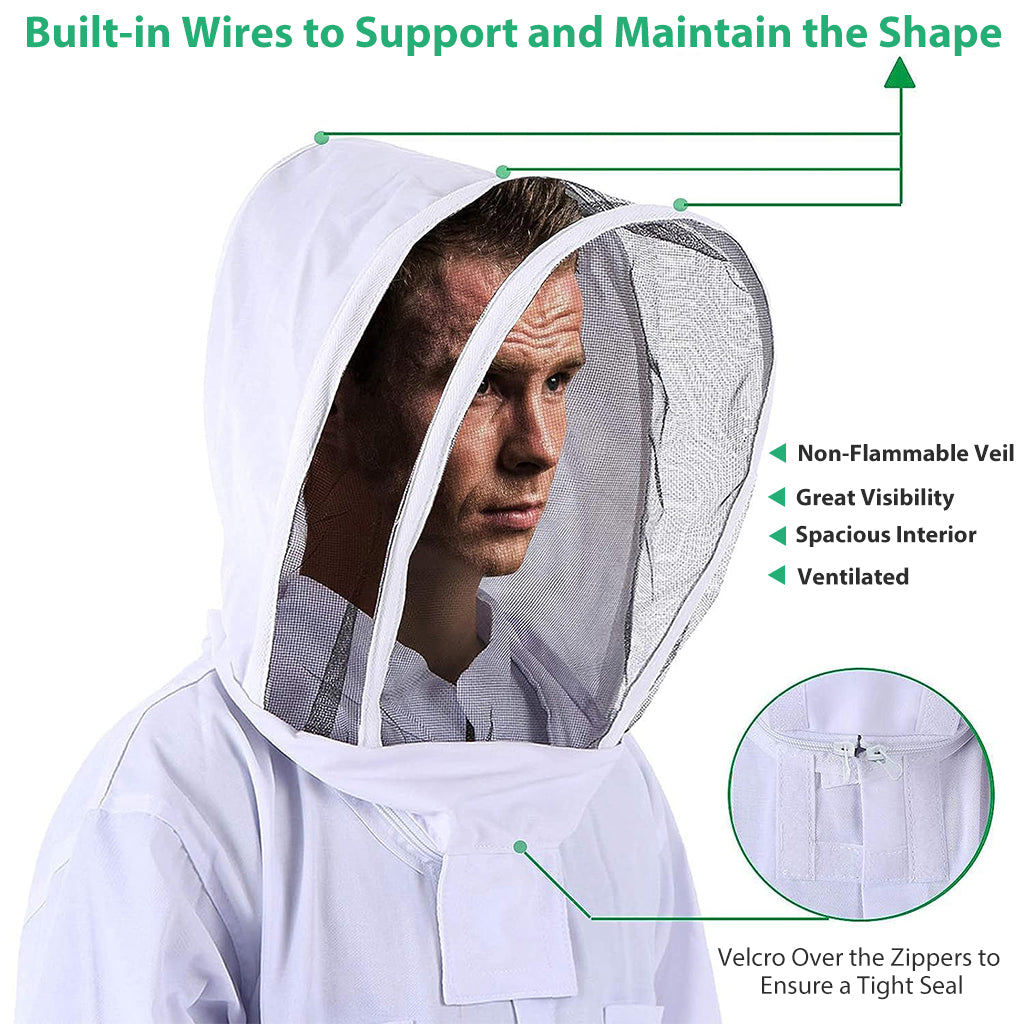 HASTHIP Bee Suit with Protective Mesh Face Cover Hood Zip Up Long Sleeve Jumpsuit Breathable Outdoor Summer Bee Suit for 175-185cm Height Adult