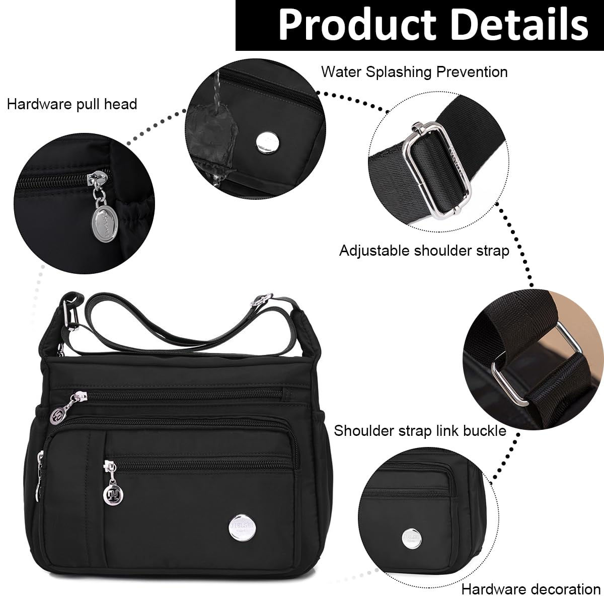 PALAY Women Shoulder Bag Crossbody Bag Nylon Waterproof Bag Multi-pocket Women Sling Bag with Adjustable Shoulder Strap Fashion Bag for Women Satchel Handbag, Black, 25x21x10cm