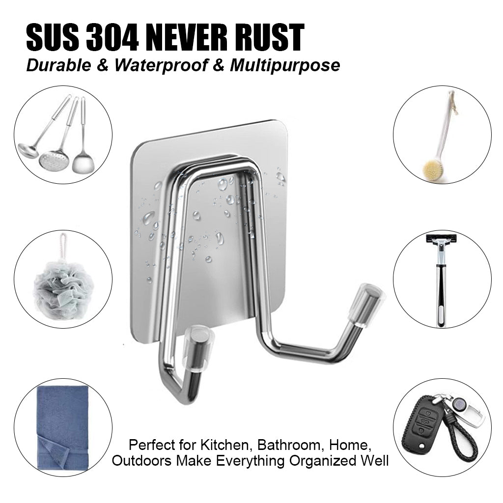 HASTHIP 4Pcs Adhesive Dual Wall Hooks - 304 Stainless Steel Heavy-Duty Towel, Clothes, Sponge Holder, Space-Saving Utility for Kitchen, Bathroom, Bedroom (Silver)