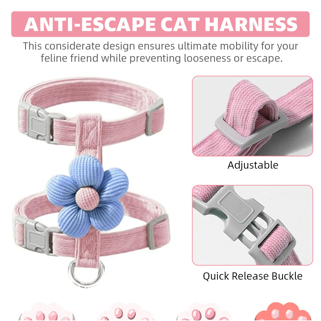 Qpets Cat Harness with Leash, Cat Harness and Leash Set for Small Cats with Quick Release Buckle, Escape-Proof Cute Flower Cat Belt for Outdoor Walking & Travel (M, Chest 27-43cm, Neck 23-33cm)