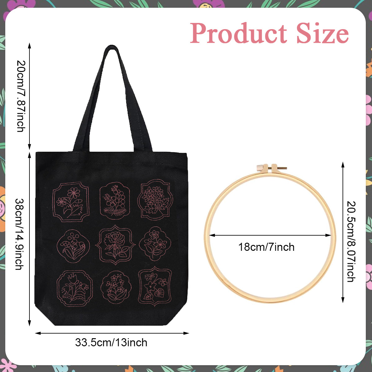 PATPAT DIY Embroidery Canvas Tote Floral Embroidery Canvas Shoulder Bag Embroidery Artcraft Material Pack with 35x33cm Canvas Bag & Color Yarns, Needles, Hoop and Tools DIY Embroidery Book Bag