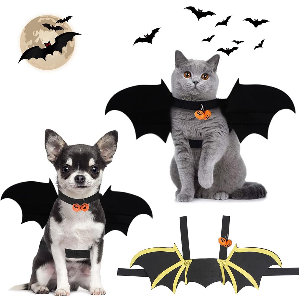 Qpets Dog Costume, Bat Wing Costume for Cat Puppy Bat Wing Collar with Bell Halloween Pet Costume Adjustable Hoop and Loop Closure Halloween Party Favor Dress Up for Cat Puppy, Size M
