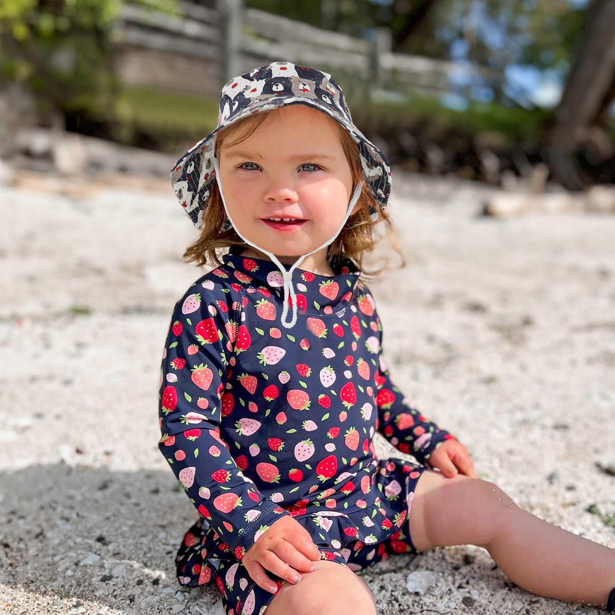 PATPAT Kids Sun Hat for Boys Girls Aged 4-6 Cartoon Bear Printed Bucket Hat Child Beach Hat with Chin Strap Packable Sun Hat Travel Outdoor Hat for Kids Children's Day Gift Birthday Gift
