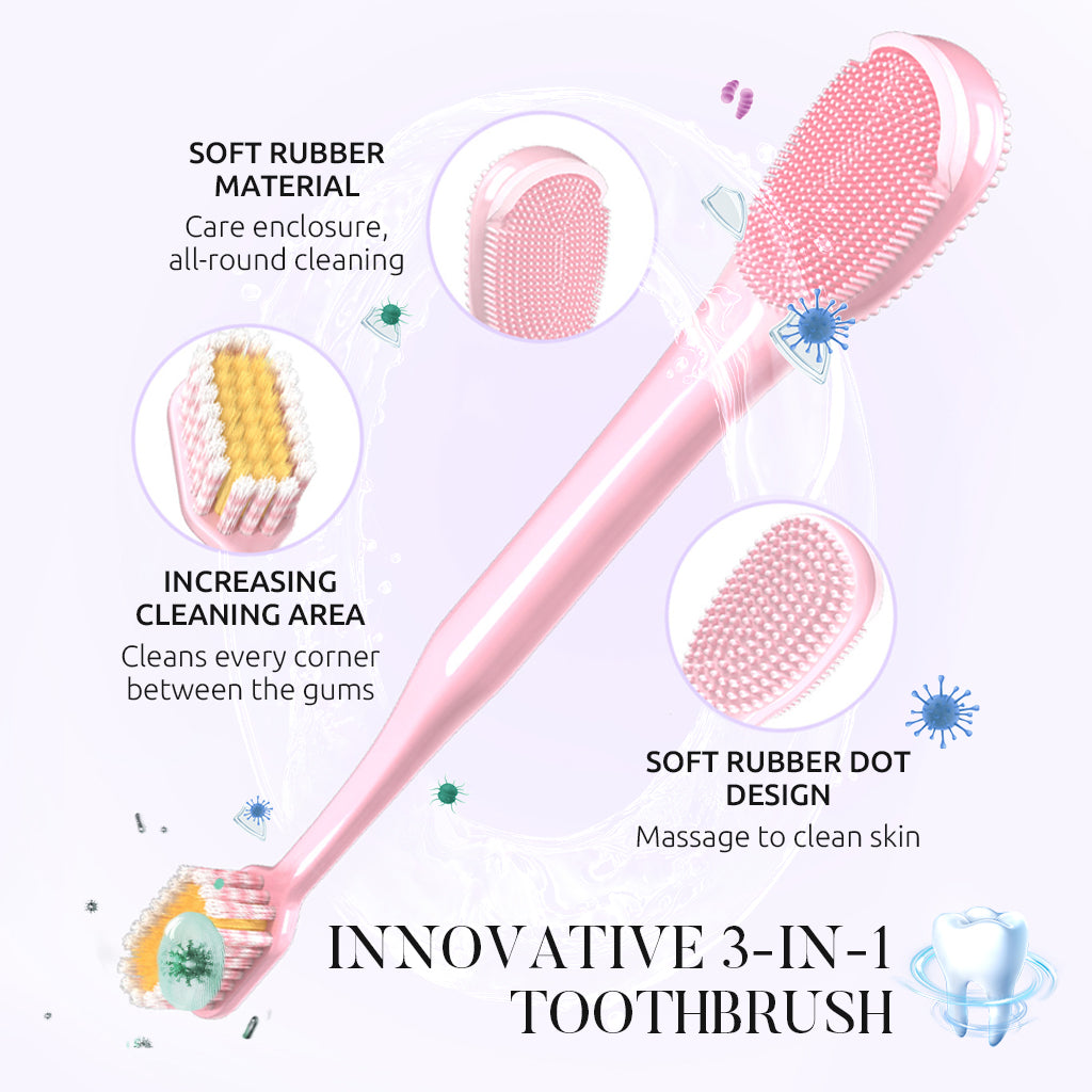 HANNEA Soft Bristle Adult Teethbrushes 3 In 1 Toothbrush Dental Brush with Double Sided Tongue Scraper Soft Rubber Gum Massager, Pack of 4