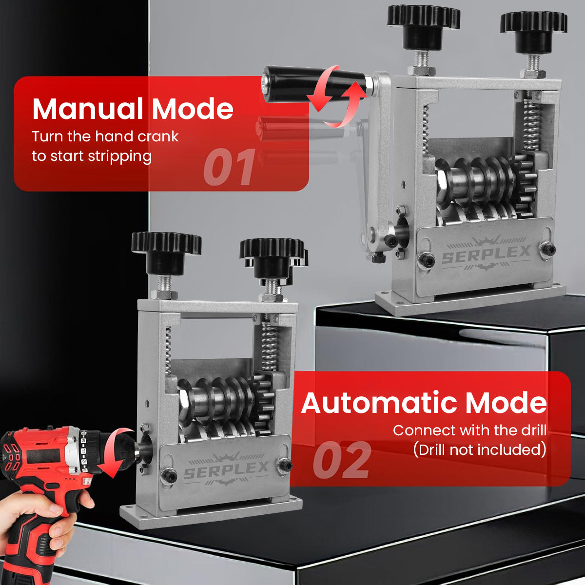 Serplex 6-IN-1 Manual Wire Stripper Machine Drill-Operated Wire Stripper Tool with Hand Crank 3-17mm Dia Cable, Manual Wire Stripping Machine with 6 Tracks & 5 Carbide Blade, for Wire Stripping