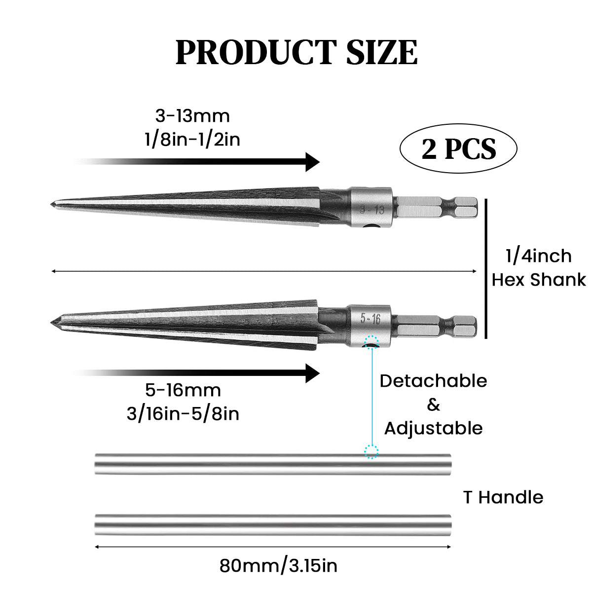 Serplex 2Pcs Hand Reamers 3-13mm/5-16mm T Handle Tapered Reamers 2 in 1 Manual Detachable Cross Bar Handle Design Universal 1/4