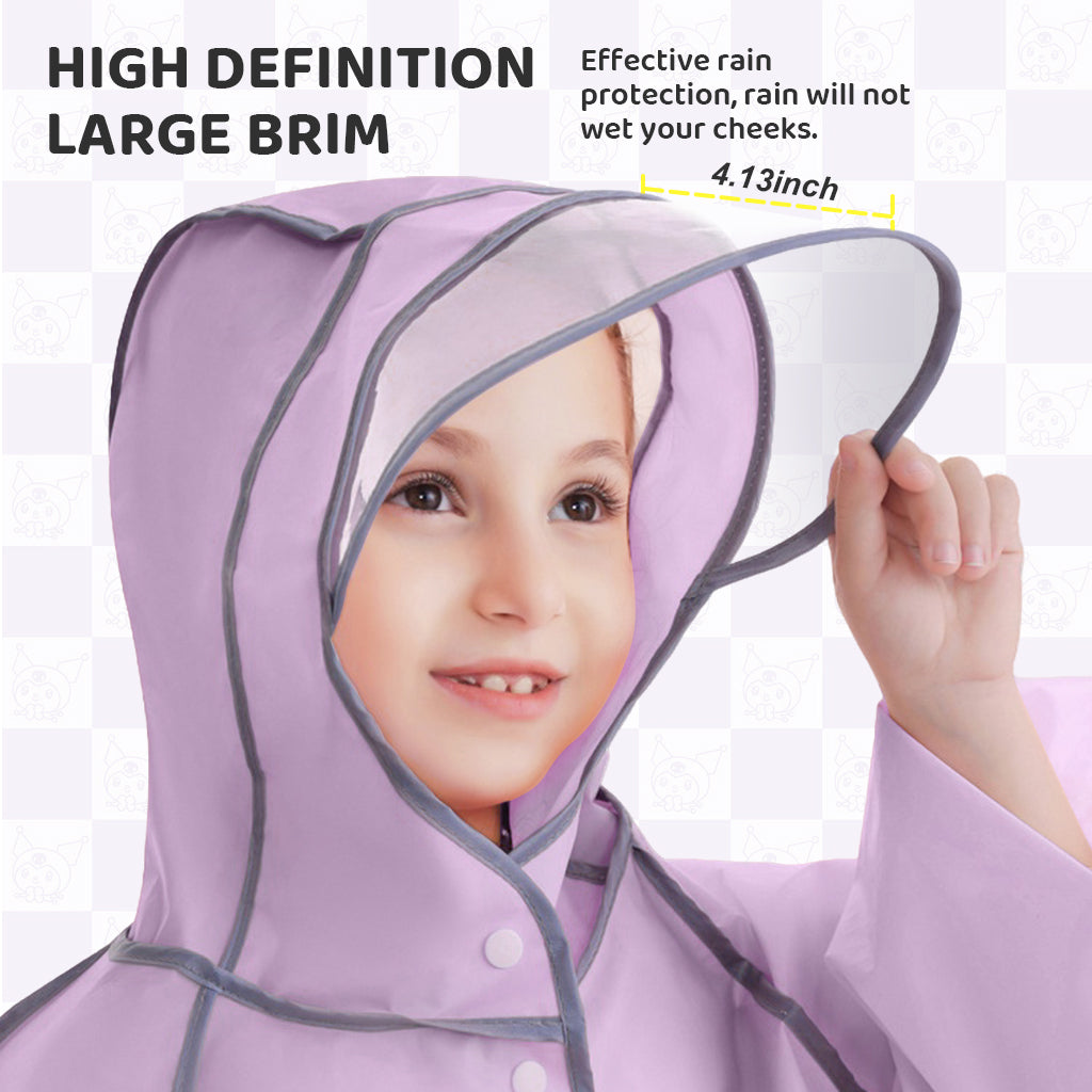 PATPAT Rain Poncho for Girls Kids Rain Coat EVA Rain Coat Knee-length Rain Coat with Transparent Wide Brim Hat & Pocket Button-Up High Collar Rain Coat Cartoon Kuromi Rain Coat for School, Camping, L
