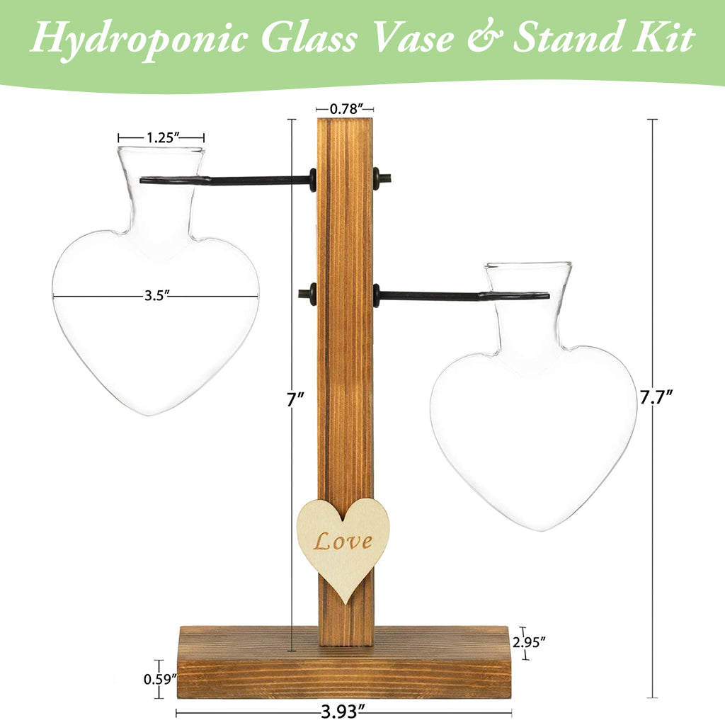 HASTHIP Hydroponic Glass Vase & Stand Kit Heart Shape Hydroponic Glass Bottle with T-Shaped Wooden Stand Romantic Room Decor Gift Hydroponic Glass Vase Kit Christmas Gift Birthday Gift