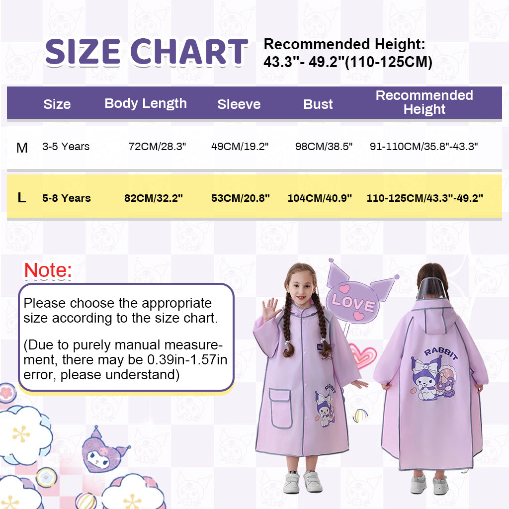 PATPAT Rain Poncho for Girls Kids Rain Coat EVA Rain Coat Knee-length Rain Coat with Transparent Wide Brim Hat & Pocket Button-Up High Collar Rain Coat Cartoon Kuromi Rain Coat for School, Camping, L