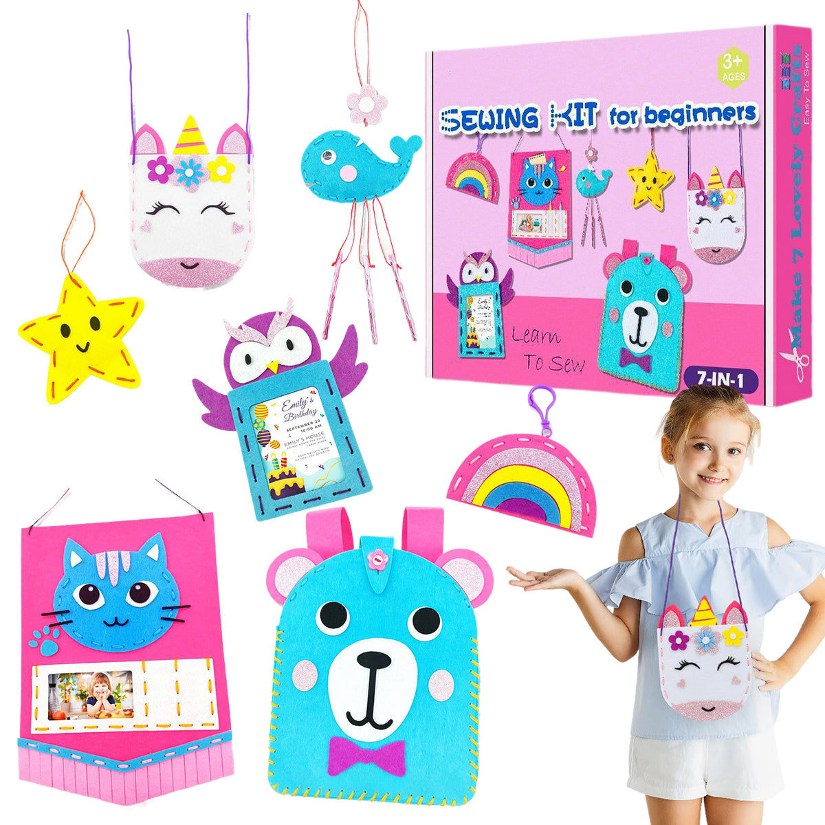 PATPAT JZSIJ Beginner Sewing Kit for Kids Arts & Crafts, 6 Easy DIY Projects of Stuffed Animal Dolls of Bears & Kittens, Gifts for Children 5-12 Years Old, Suitable for Learning Sewing and Embroidery