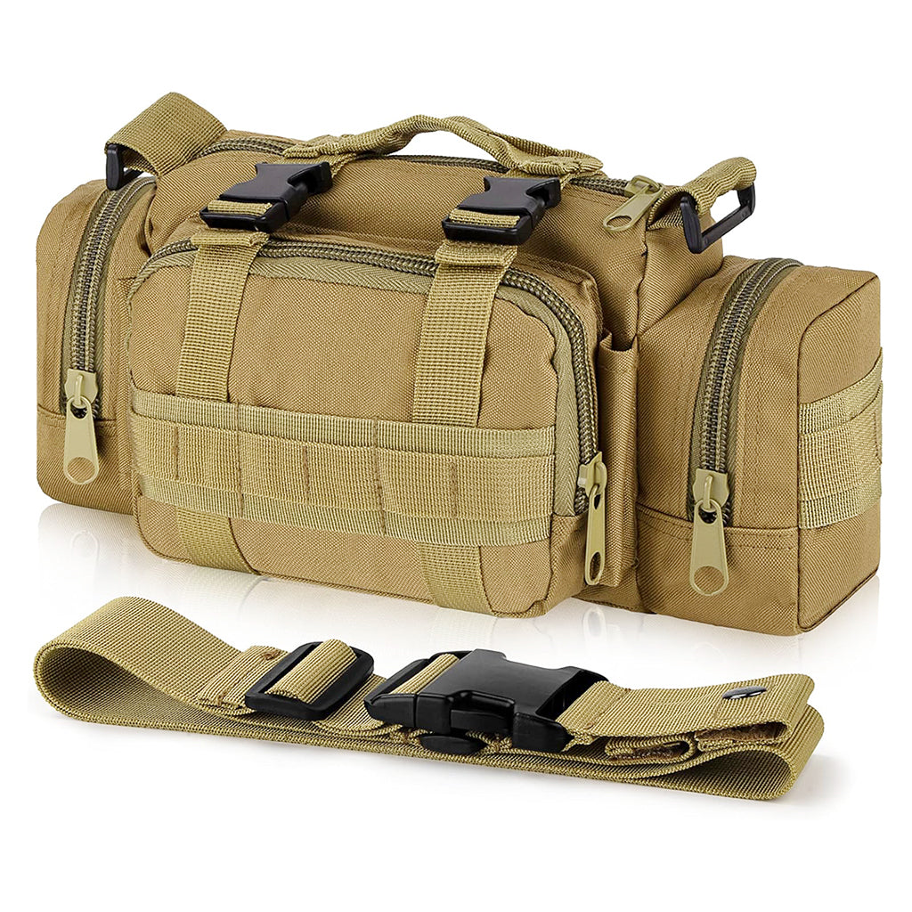 Proberos Small Tactical Carry On Bag Shoulder Bag with Adjustable Quick Release Shoulder Strap Waist Bag with Handle Multi Compartment Deployment Bag Travel Small Bag for Men Women, Khaki, 35x14x18cm