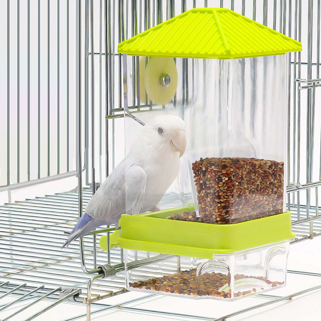 Qpets Parrot Feeder, Bird Feeder for Cage, Transparent Bird Food Box No Jam Automatic Food Feeder with Perch & Bottom Removable Catching Tray - 7.9x8.3x18.5CM