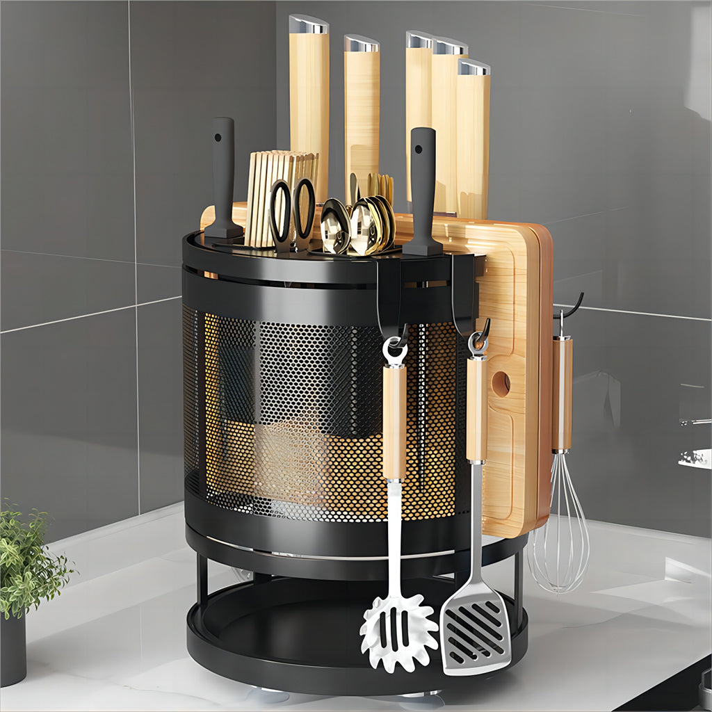 HASTHIP Kitchen Organizer Rotatable Carbon Steel Multi Compartment Modern Kitchen Utensil Organizer Tableware Draining Rack Cutting Board Rack Cutter Holder Storage Holder with 4 Hooks, 23.5x24cm