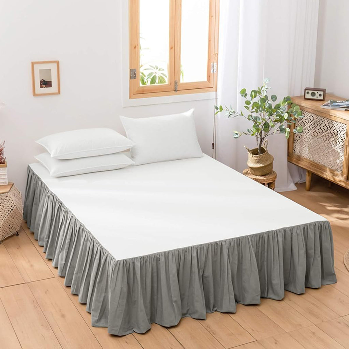 HASTHIP Pleated Bed Skirt for Double Bed 15 inches Grey Double Bed Skirt Minimalism Dust Skirt for Bedroom Ruffled Bed Skirt for 75x39 inches Double Bed