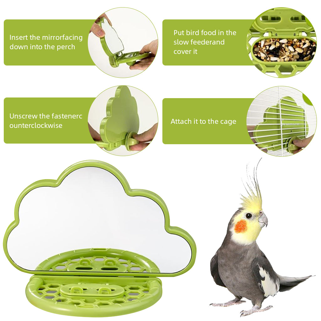 Qpets Parrot Mirror, Love Birds Mirror Pet Birds Mirror for Cage 2 In 1 Reflection Mirror with Food Box Clip-on Design Fun Cloud Shaped Pet Birds Mirror - 18.5x9x14CM