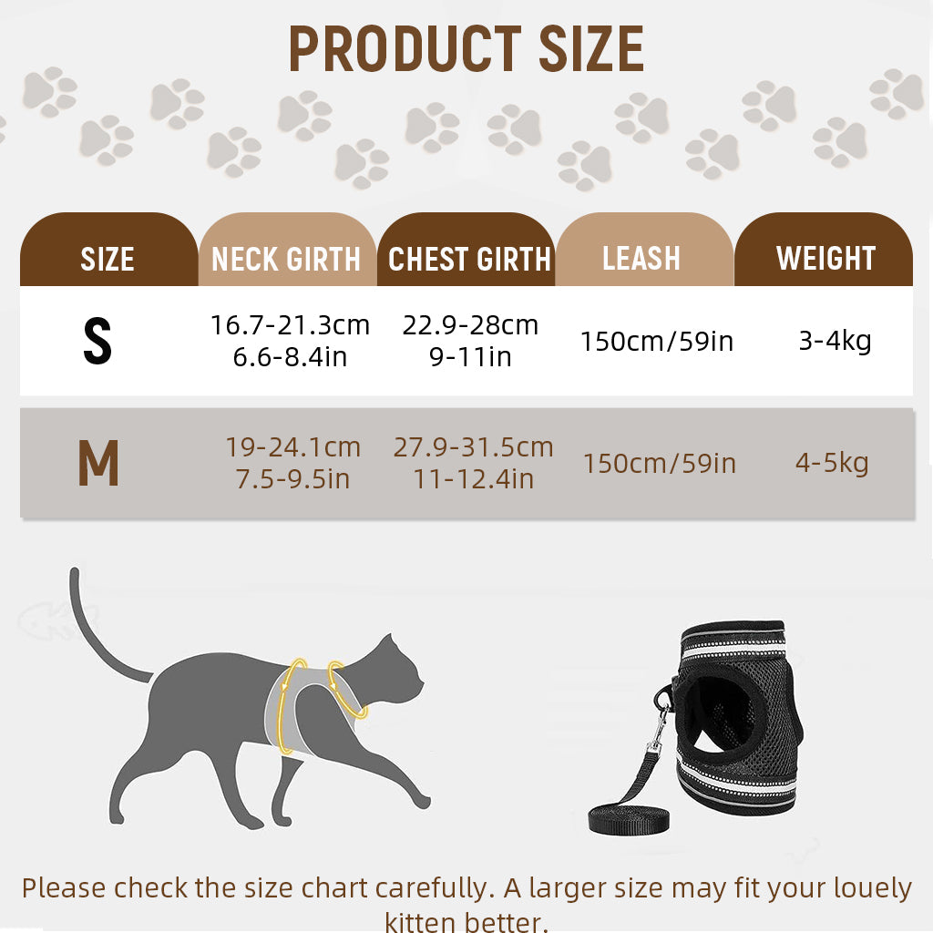 Qpets Cat Harness with 59'' Leash Small Cat Vest Harness Cat Harness Safety Night Reflective Strip Design Breathable Adjustable Quick Release Summer Cat Harness for Walking, M