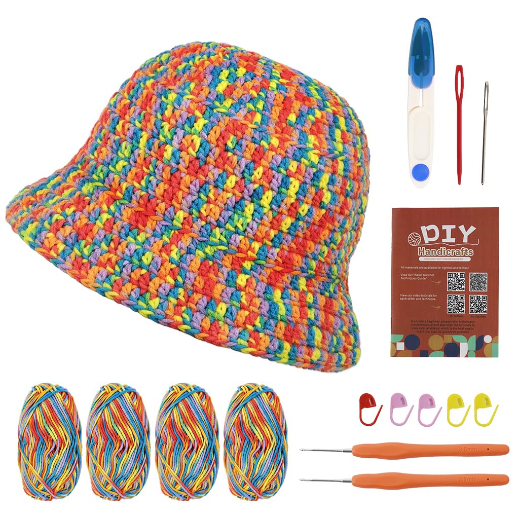 PATPAT DIY Crochet Hat Material Kit for Adults Beginners DIY Crochet Hat Material Kit with Variegated Cotton Yarns, Crochet Hooks, Needles, Tutorial, DIY Crochet Kit DIY Handmade Gift