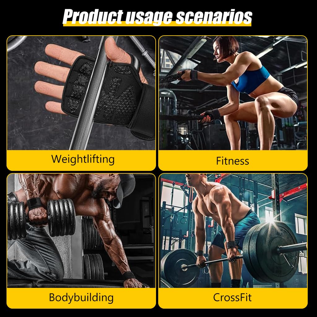 Proberos Fitness Gloves, Gym Gloves with Wrist Support Accessories, Anti Slip Palm Design Summer Breathable Fingerless Gym Gloves for Battling Ropes, Weight Lifting, XL