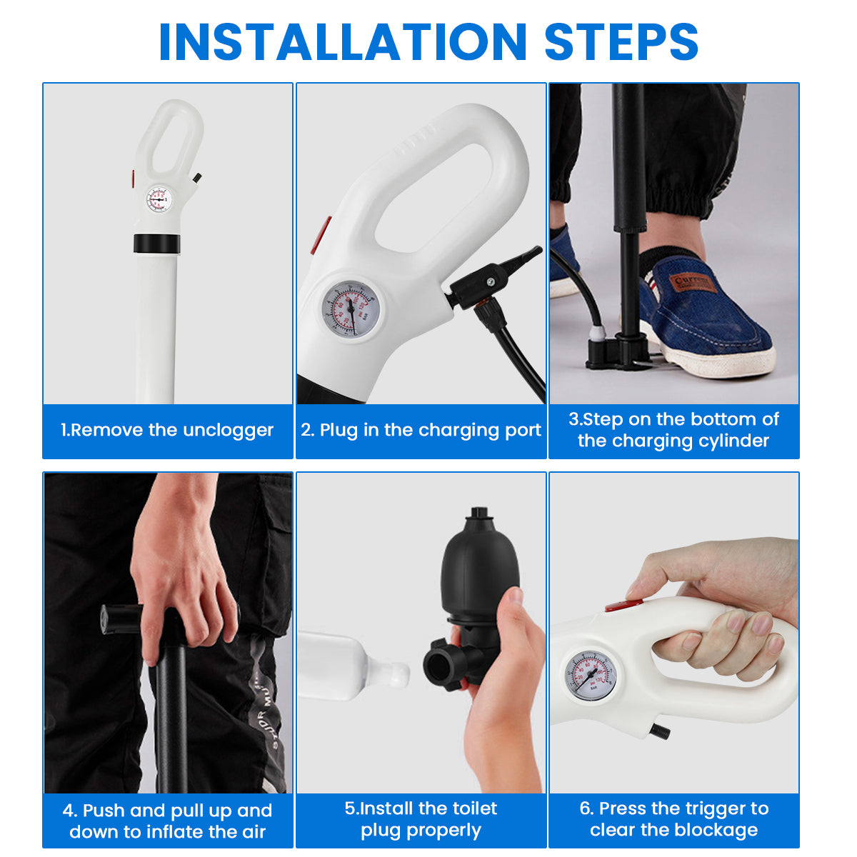 HASTHIP Toilet Plunger Safe Pressurized Air Drain Plunger Tool with Air Pump Trigger Design Manual Pneumatic Clog Cleaner Tool with Interchangeable Attachment Heads, for Kitchen Sink, Toilet