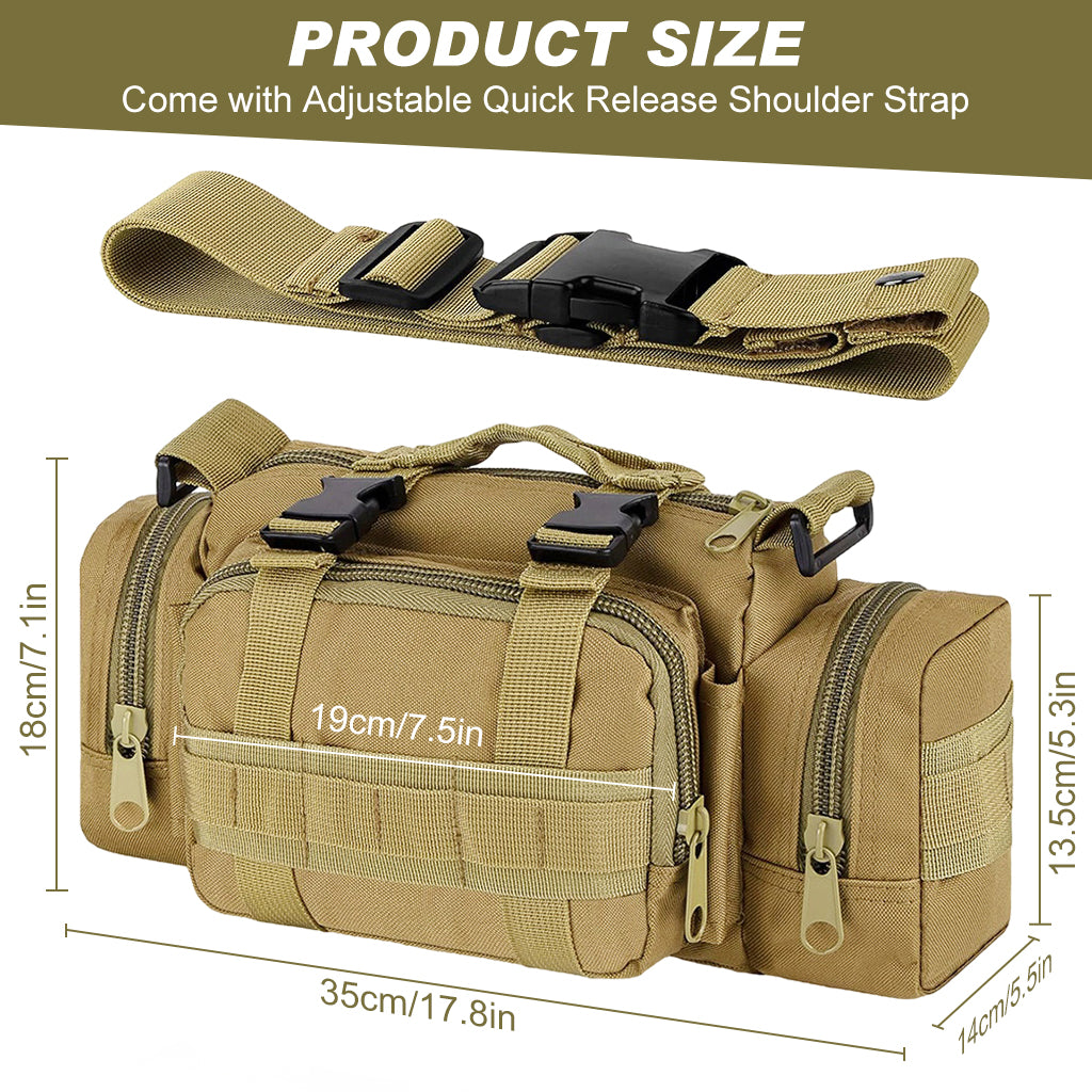 Proberos Small Tactical Carry On Bag Shoulder Bag with Adjustable Quick Release Shoulder Strap Waist Bag with Handle Multi Compartment Deployment Bag Travel Small Bag for Men Women, Khaki, 35x14x18cm