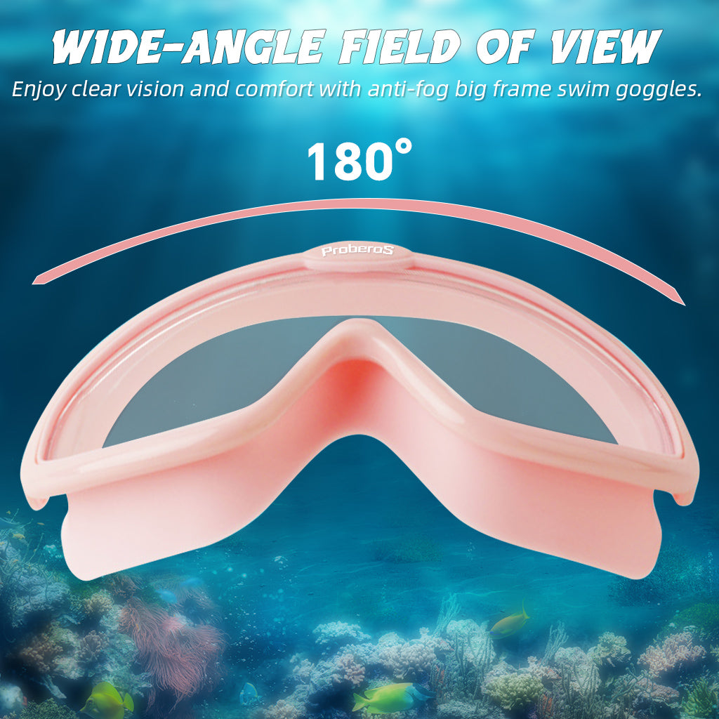 Proberos Big Frame Swim Goggles, Kid Swim Goggles, Anti-fog Professional Swim Goggles with Earplugs, Leakproof Anti-fog Swimming Goggles, Pink