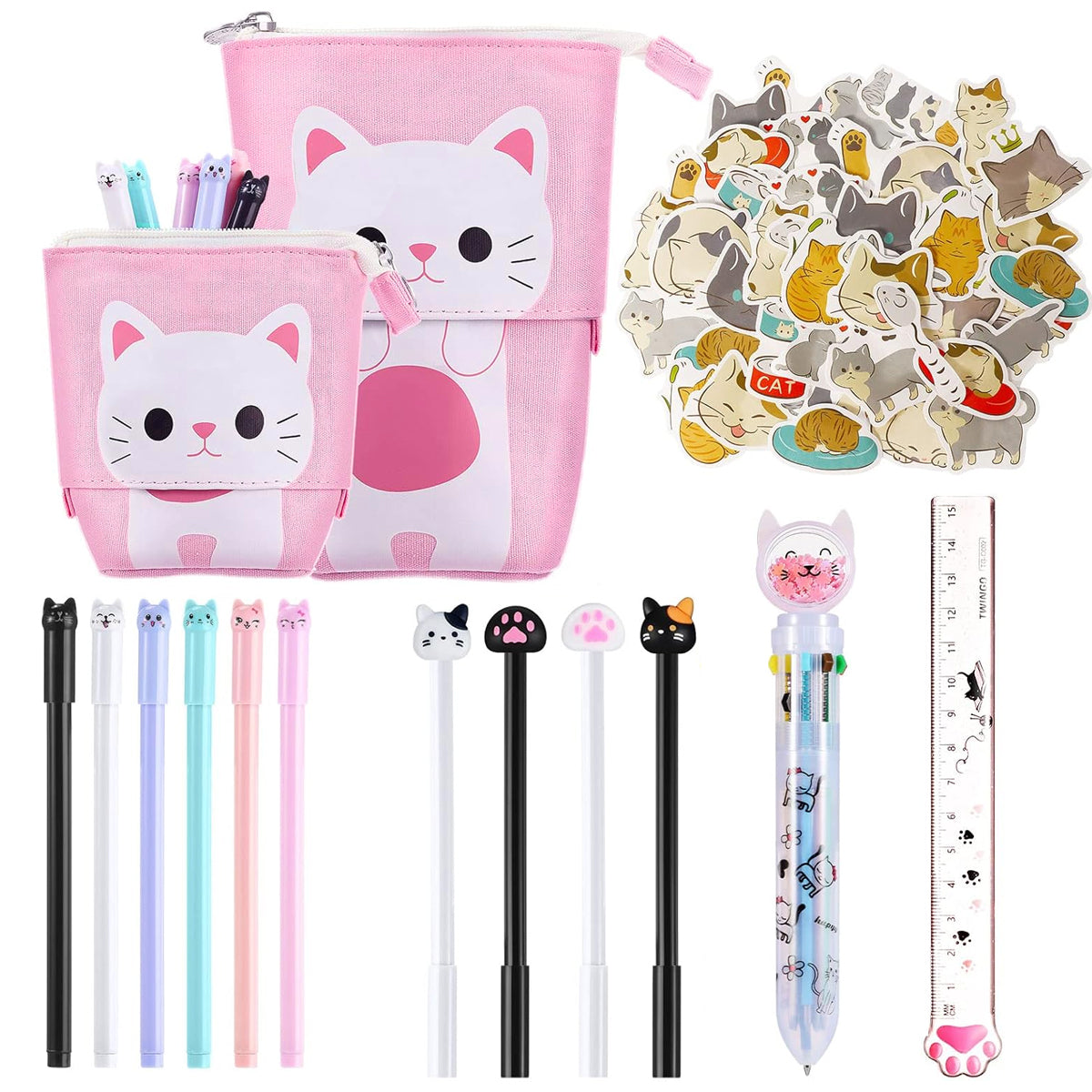 Climberty Cute Cat Stationery Set Kawaii Pop up Pencil Case with Gel Ink Pens, Multi-Color Click Pen, Mechanical Pencil & Refills, Pencil Pouch, Ruler, Eraser & DIY Stickers for Girls & Students