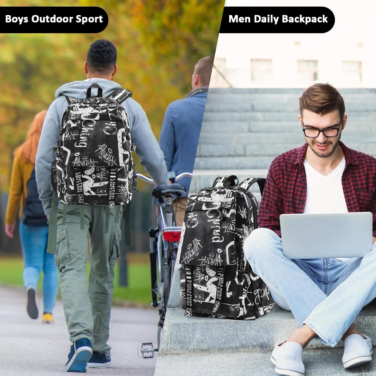 PALAY Travel Backpack Casual Backpack Nylon Backpack School Students Backpack Lightweight Fashion Graffiti Print Black Backpack Outdoor Travel Backpack Laptop Backpack