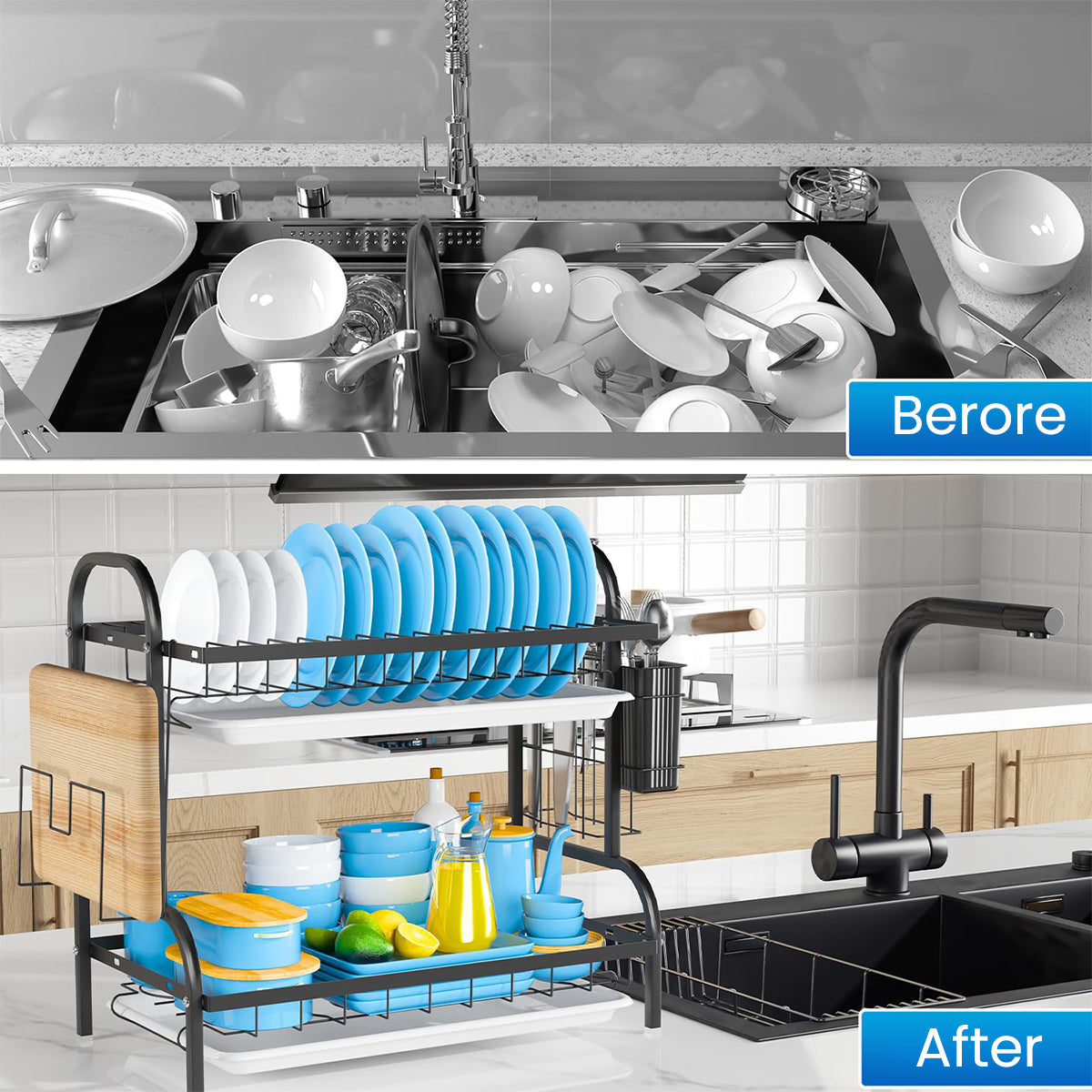 HASTHIP Dish Drying Rack Double Layer Dish Drain Rack Plates Cups Dishes Dry Rack with Removable Water Catch Tray Carbon Steel Kitchen Organizer Modern Kitchen Cutlery Organizer Rack, 43x23.5x39cm