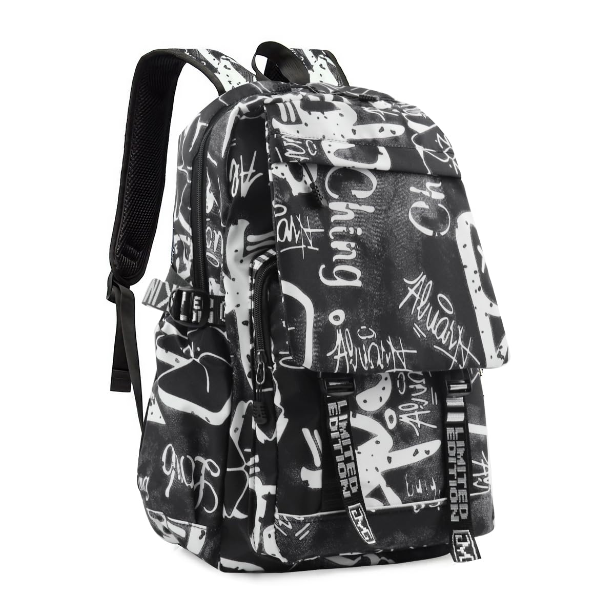 PALAY Travel Backpack Casual Backpack Nylon Backpack School Students Backpack Lightweight Fashion Graffiti Print Black Backpack Outdoor Travel Backpack Laptop Backpack