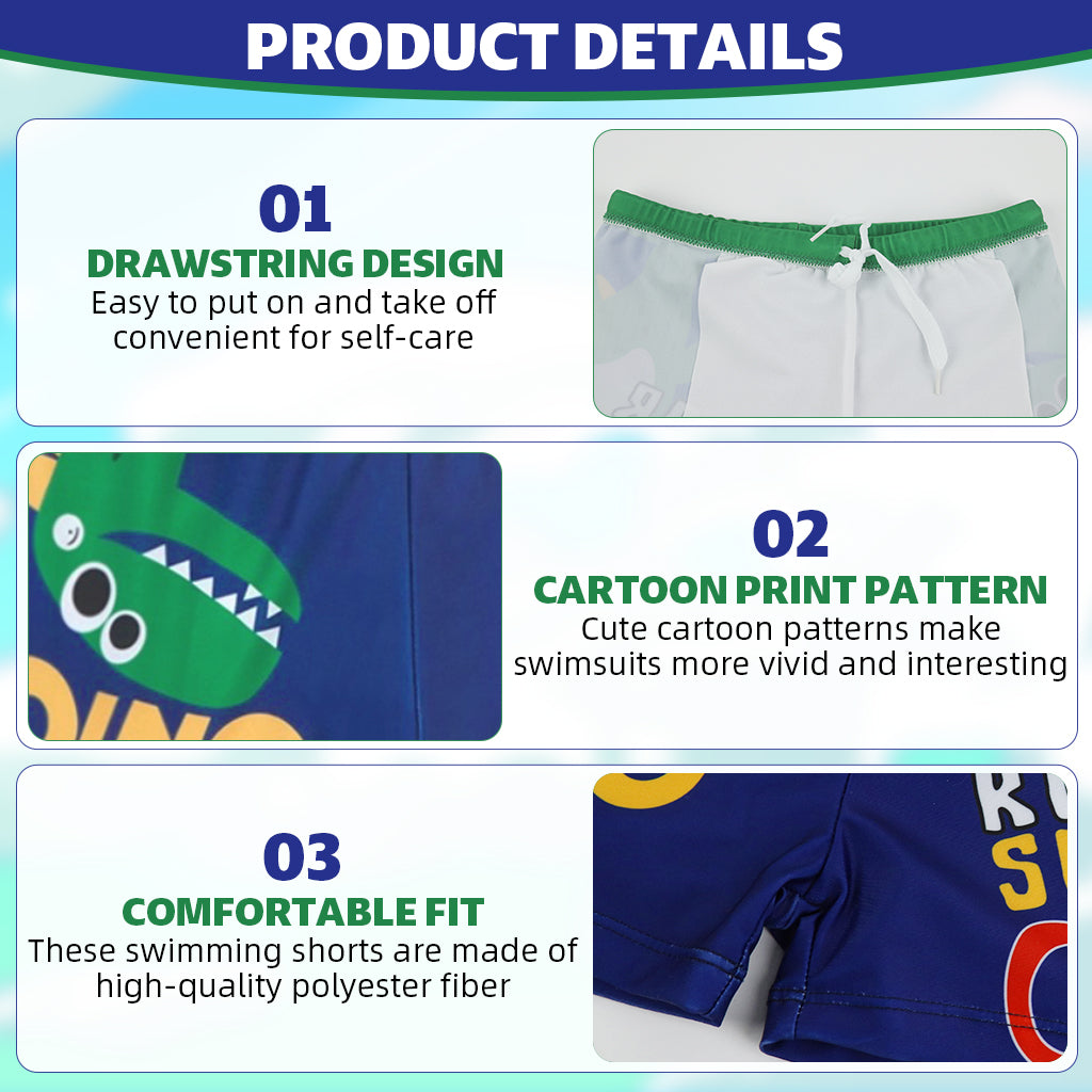 Proberos Boys Swimming Short and Cap Cartoon Dinosaur Polyester Swimming Shorts Elastic Waist Design Summer Swimming Gear for Boys 4-8 Years Old