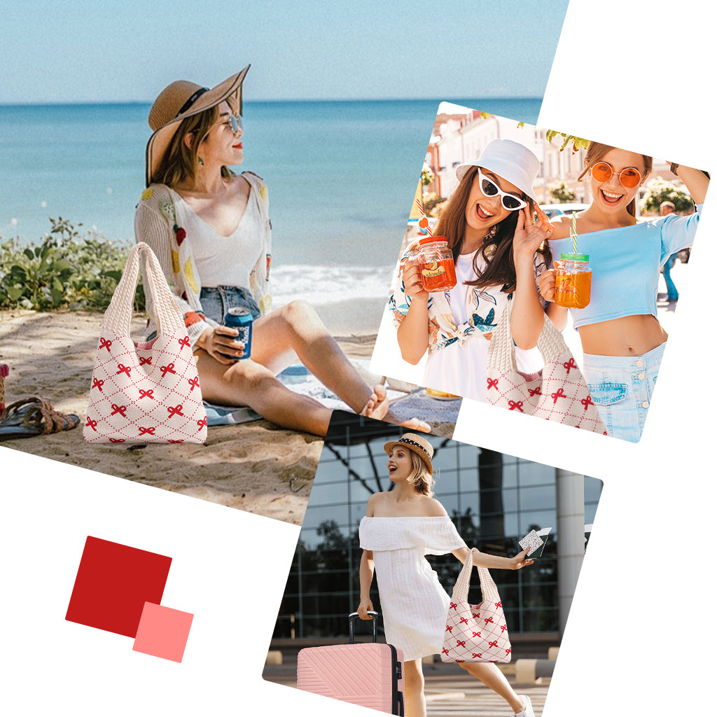 PALAY Knitting Tote Bag for Girls Women Shoulder Bag Fashion Casual Soft Bag Cute Red Bow Knitting Shoulder Bag Day Bag Book Bag for School, Office, Travel, 35x36cm