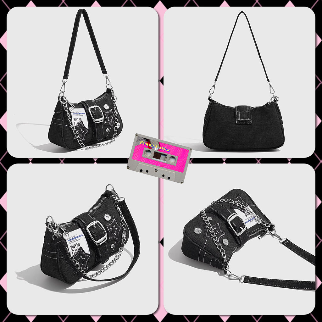 PALAY Chic Shoulder Bag for Girls Canvas Handbag with Chain Charm Small Hobo Bag Stylishly Sweet Y2K Star Patchwork Letter Printed Handbag Casual Small Shoulder Zipper Bag, 23x7x13cm