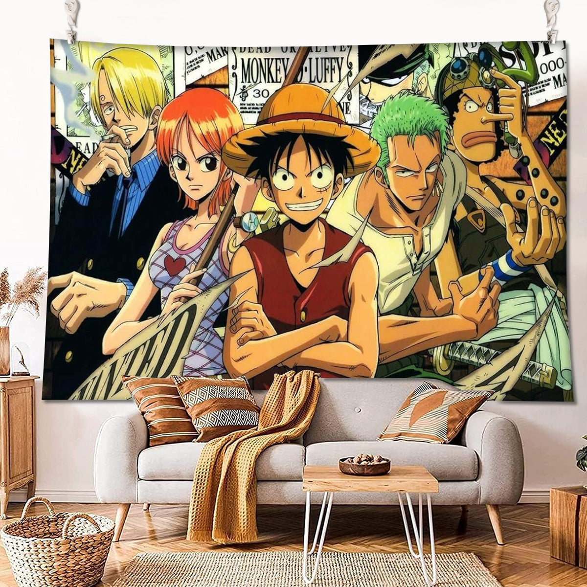 HASTHIP Anime Tapestry, Cartoon Wall Tapestry for Room Decor Monkey D Luffy Group Photo Tapestry Retro Wall Tapestry for Bedroom Livingroom with Installation Accessories, 51x59 inches