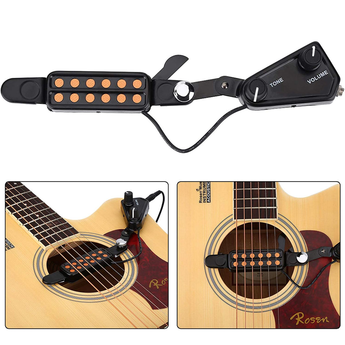 HASTHIP® Guitar Pickup 12 Pole Pieces Design Guitar Pickup Clip-On Guitar Pickup with Tone & Volume Control Acoustic Guitar Pickup Device Plug and Go Electric Transducer Guitar Pickup, 10Ft Cable