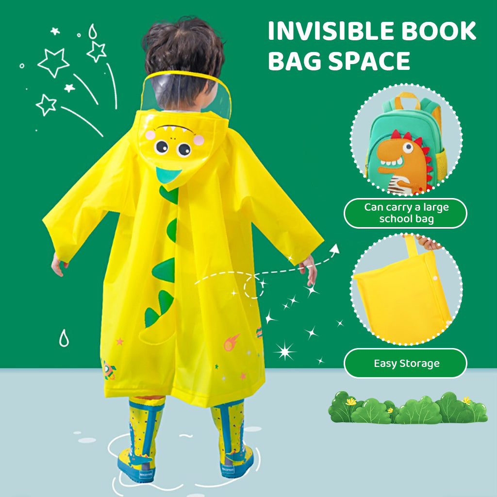 PATPAT Dinosaur Kids Rain Coat EVA Hooded Rain Jacket with Transparent Wide Hood Brim Cartoon Rain Coat for Kids with Storage Pouch, Knee-length Kids Rain Coat for Boys Girls 3-4 Years Old, S