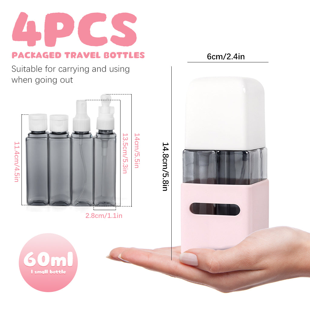 MAYCREATE Travel Bottle Kit for Toiletries 4Pcs Set, MAYCREATE 60ml Travel Bottles Travel Toiletry Bottles Kit, Small Bottles for Travel, Portable Leak Proof Spray Bottles Pump Dispenser for Lotion, Shower Gel