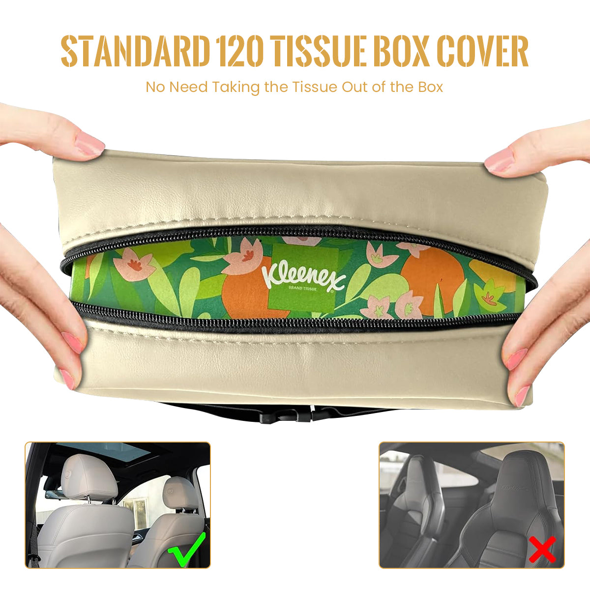 HASTHIP Car Tissue Holder Box Fashion PU Car Tissue Paper Holder for Headrest Backseat Waterproof Car Tissue Paper Holder Tissue Box with Zipper Closure, 29x21.5x7.5cm, Beige Color
