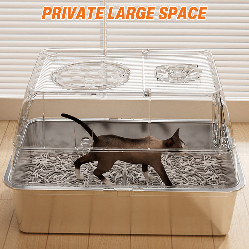 Qpets Stainless Steel Cat Litter Box Dual Doors Anti-Odor Cat Litter Box with Air Vent Includes Cat Litter Catcher & Cat Litter Scoop Enclosed Cat Litter Box with Flip Up Lid, 40x60x39cm