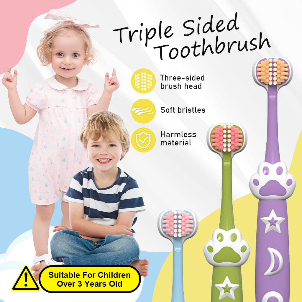 HANNEA 4Pcs Kids Toothbrush Triple-sided Toothbrushes for Age 3+ Ultra Soft Bristle Toothbrush Designed for Deciduous Teeth Lovely Cartoon Cat Palm Handle Child Toddlers Toothbrush