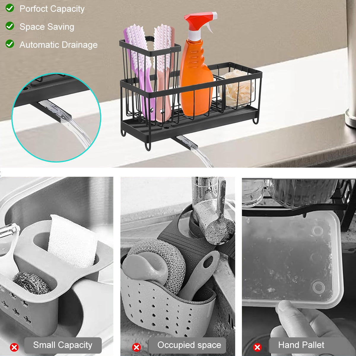 HASTHIP Kitchen Sink Organizer Sponge Holder Kitchen Sponge Holder Rag Holder Dish Sponge Drain Rack Self-draining Drain Design Carbon Steel Modern Kitchen Sink Organizer, 23x19x16cm