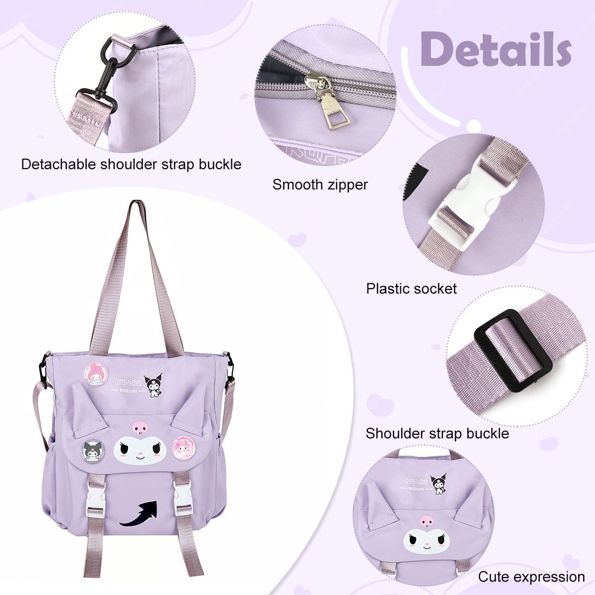 Climberty Kawaii Tote Bag for Girls Kuromi Nylon Shoulder Bag School Girls Book Bag Casual Hand Bag with Removable Shoulder Strap Travel Shoulder Bag Birthday Gift Christmas Gift for Kids, 30x32x9cm