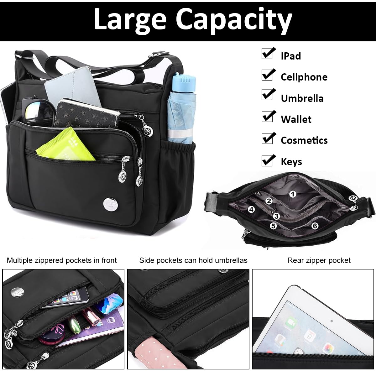 PALAY Women Shoulder Bag Crossbody Bag Nylon Waterproof Bag Multi-pocket Women Sling Bag with Adjustable Shoulder Strap Fashion Bag for Women Satchel Handbag, Black, 25x21x10cm